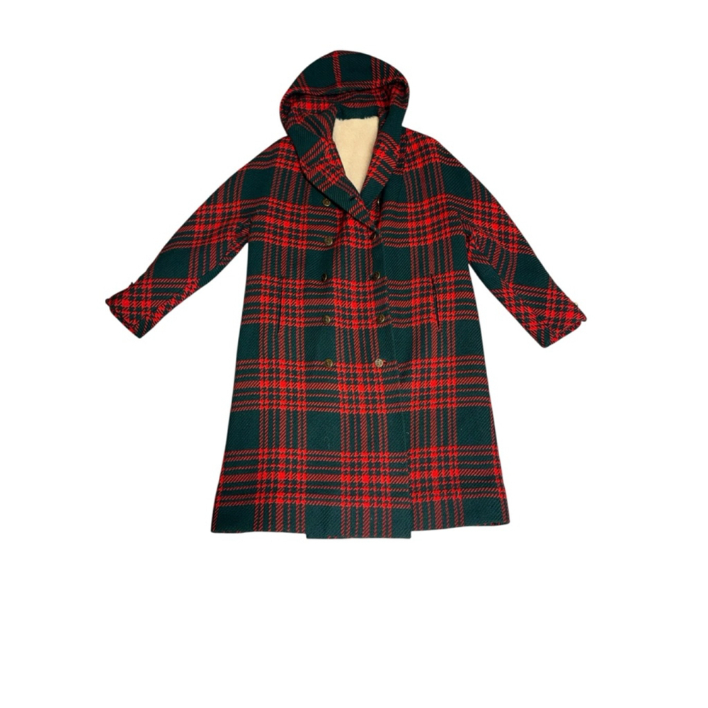 VINTAGE’S Bonwit Teller Red & Dark Green Plaid Wool fuzzy lined winter coat